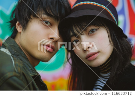 Photo of a young couple posing in front of a colorful wall (Portrait, Lovers, Portrait, Instagrammable) 116633712