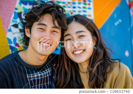 Photo of a young couple posing in front of a colorful wall (Portrait, Lovers, Portrait, Instagrammable) 116633740