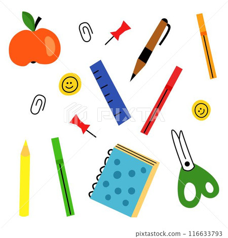 Colorful collection of school supplies doodle flat illustration set Colorful collection of school supplies doodle flat illustration set 116633793