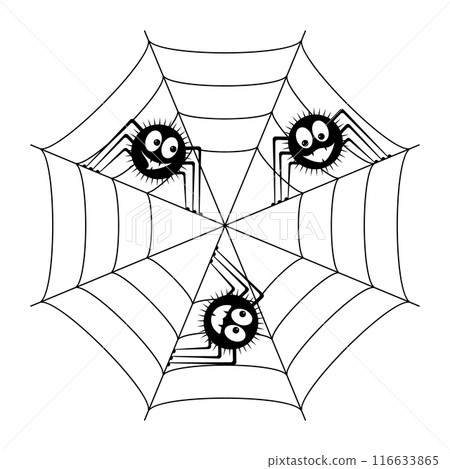 Cartoon funny cute spiders or monsters with faces on a web. Set of black silhouettes. Isolated vector clipart and illustration. 116633865