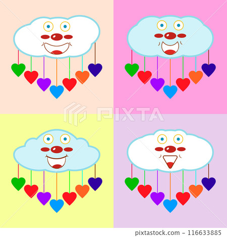 Set of cute cartoon clouds with colorful hearts and funny faces. Vector drawing. 116633885