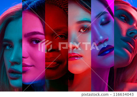 Collage made with portraits of different beautiful women, of different age and race against multicolored background in neon light Collage made with portraits of different beautiful women, of different age and race against multicolored background in neon light 116634043