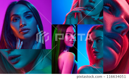 Creative collage of different face parts of beautiful young girls with well-kept perfect skin, multicolored background in neon light Creative collage of different face parts of beautiful young girls with well-kept perfect skin, multicolored background in neon light 116634051