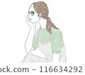 A woman looking to the side and resting her chin on her hand 116634292