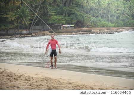 Young handsome man surfer going to surfing. Outdoors. Hiriketiya Beach, Dikwella. Sri Lanka. Tropical coastline. Young handsome man surfer going to surfing. Outdoors. Hiriketiya Beach, Dikwella. Sri Lanka. Tropical coastline. 116634406