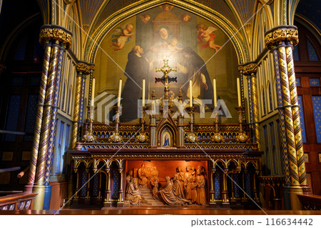 Interior of Notre-Dame Basilica (Basilique Notre-Dame de Montreal). A minor basilica of the Catholic Church in the historic Old Montreal district. Quebec, Canada. Interior of Notre-Dame Basilica (Basilique Notre-Dame de Montreal). A minor basilica of the Catholic Church in the historic Old Montreal district. Quebec, Canada. 116634442
