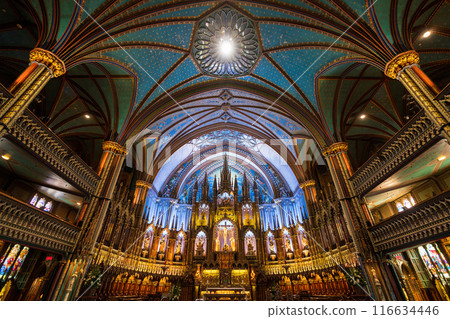 Interior of Notre-Dame Basilica (Basilique Notre-Dame de Montreal). A minor basilica of the Catholic Church in the historic Old Montreal district. Quebec, Canada. Interior of Notre-Dame Basilica (Basilique Notre-Dame de Montreal). A minor basilica of the Catholic Church in the historic Old Montreal district. Quebec, Canada. 116634446