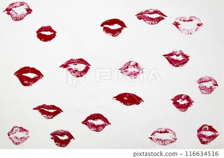 The red lips kisses on a white background. Lipstick kisses set. Kiss lipstick marks for your design. Sexy glossy lip makeup for design. Romantic sign for Valentine day The red lips kisses on a white background. Lipstick kisses set. Kiss lipstick marks for your design. Sexy glossy lip makeup for design. Romantic sign for Valentine day 116634516