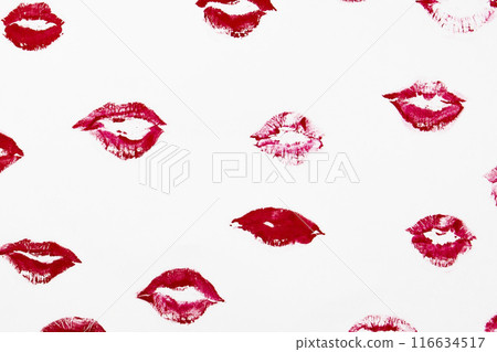 The red lips kisses on a white background. Lipstick kisses set. Kiss lipstick marks for your design. Sexy glossy lip makeup for design. Romantic sign for Valentine day The red lips kisses on a white background. Lipstick kisses set. Kiss lipstick marks for your design. Sexy glossy lip makeup for design. Romantic sign for Valentine day 116634517
