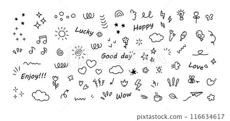 simple hand-drawn decorative illustrations with sparkles, stars, hearts, arrows, flowers, birds simple hand-drawn decorative illustrations with sparkles, stars, hearts, arrows, flowers, birds 116634617
