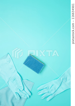 Various accessories cleaning products, rags, sponges. Top view, flat lay, copy space Various accessories cleaning products, rags, sponges. Top view, flat lay, copy space 116634981