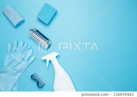 Various accessories cleaning products, sprays, rags, sponges and brushes. Top view, flat lay, copy space Various accessories cleaning products, sprays, rags, sponges and brushes. Top view, flat lay, copy space 116634983