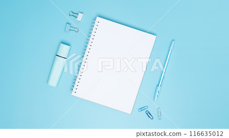 Creative flat lay mockup design of workspace. Top view composition with white notebook, to do list and stationery on blue background 116635012