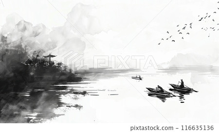 Chinese ink painting style, small boats on it and two people rowing in the river. The background is white and black ink wash 116635136