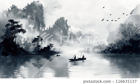 Chinese ink painting style, small boats on it and two people rowing in the river. The background is white and black ink wash 116635137