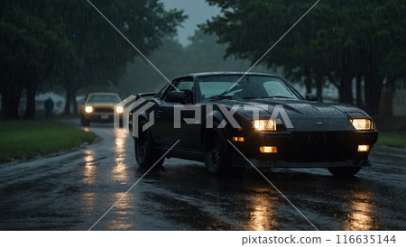 black sports car on the road in the rain black sports car on the road in the rain 116635144
