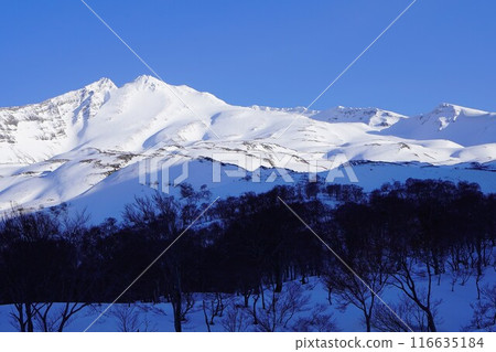 Mt. Chokai and its outer rim in winter as seen from the snowy fields 116635184