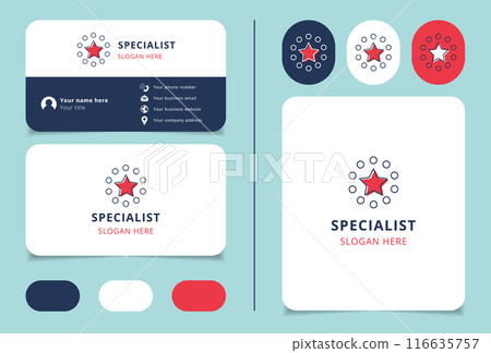 Business card design featuring a red star surrounded by circles logo 116635757