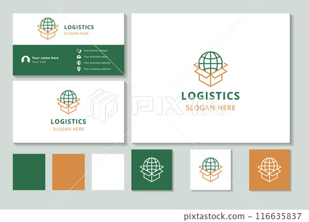 Globe packaging box logo representing worldwide shipping and logistics Globe packaging box logo representing worldwide shipping and logistics 116635837