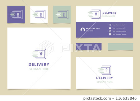 Delivery service logo featuring a package being shipped at high speed Delivery service logo featuring a package being shipped at high speed 116635846