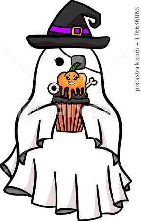Cute Cartoon ghost with Evi cupcake in Halloween illustration Cute Cartoon ghost with Evi cupcake in Halloween illustration 116636068