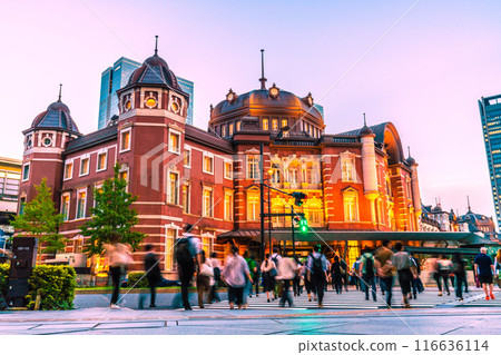 Tokyo cityscape in July. Marunouchi North Exit of Tokyo Station. People heading to the station after work etc. = July 3, 2024 116636114