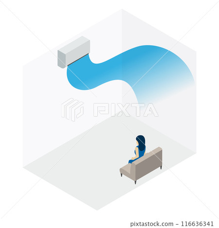 An air conditioner blowing air upwards and a woman sitting on a sofa in front of it 116636341