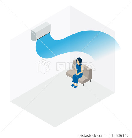 An air conditioner blowing air upwards and a woman sitting on a sofa next to it 116636342