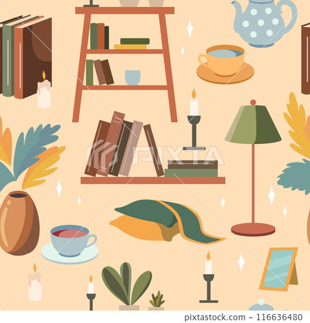 Cozy interior elements seamless pattern. Repeated hygge isolated items, book and bookcases, indoor plants and blankets, room decor, wrapping and wallpaper design, textile print vector background 116636480