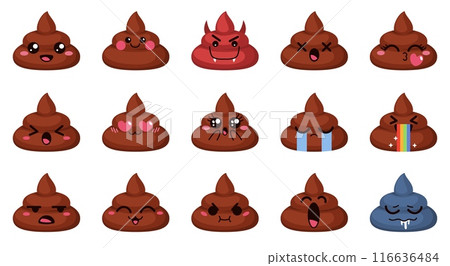 Funny poop emoticons. Kawaii stickers with different faces, excrement cute comic characters, twisted turd, happy poo and angry fecal mascot, various mood, cartoon flat isolated, tidy vector set 116636484