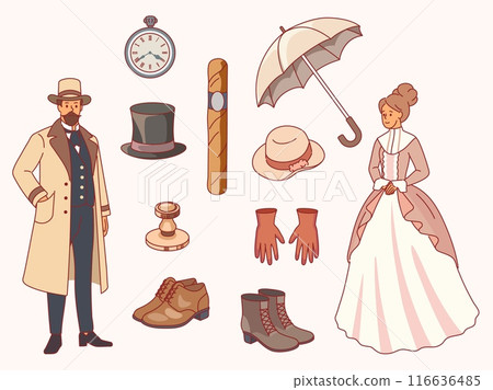 Gentlemen and ladies elements. Aristocratic couple in victorian clothing, 19th century retro accessories, hat, pocket watch, cigar, elegant shoes, cartoon flat isolated illustration, vector set 116636485
