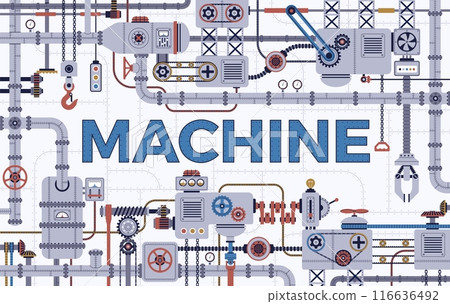 Mechanical industrial parts. Robots mechanisms, steel machinery details, steampunk style frame, technical elements, poster or banner, nowaday vector cartoon flat isolated concept Mechanical industrial parts. Robots mechanisms, steel machinery details, steampunk style frame, technical elements, poster or banner, nowaday vector cartoon flat isolated concept 116636492
