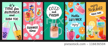 Summer drinks cards. Cold fresh beverages with ice cubes, berries, fruits and mint leaves, beach party juices and smoothies, vertical social media banner, tidy vector cartoon flat isolated set 116636504