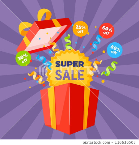 Surprise box with discount text. Shopping day promotional offer, confetti and stars flying out of cardboard gift container, sale web banner, promotional marketing, vector isolated concept 116636505