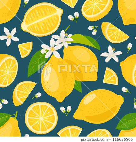 Tropical fruits seamless pattern. Repeated fresh fruits, flowers, leaves and twigs, cut and whole citrus, yellow lemon, wrapping paper, wallpaper, textile design, cartoon vector background 116636506