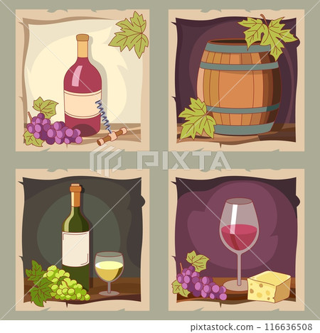 Wine compositions cards. Wooden barrel, bottles, glasses with alcoholic beverage, white, red grape clusters, corkscrew, leaves, print or poster design, menu cover vector cartoon flat set 116636508