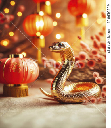 The symbol of the new year 2025 is a golden snake on a red background, Chinese New Year 116636539