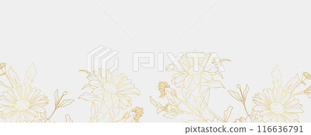 Luxury gold daisy flowers background. Floral pattern tropical in line art style for greeting, invitation, wedding card, wall art, wallpaper and print. Vector illustration 116636791