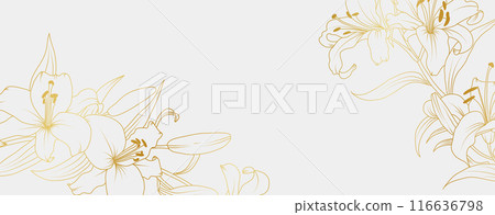 Luxury gold lily flowers background. Floral pattern tropical in line art style for greeting, invitation, wedding card, wall art, wallpaper and print. Vector illustration Luxury gold lily flowers background. Floral pattern tropical in line art style for greeting, invitation, wedding card, wall art, wallpaper and print. Vector illustration 116636798
