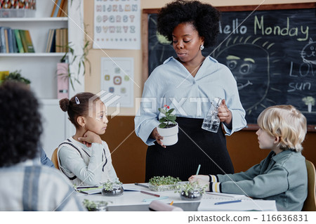 Young female teacher of Black ethnicity explaining growth of plants to listeners holding flower pot and bottle for watering during biology class at primary school 116636831