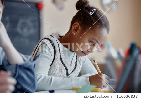 Side view portrait of studious young girl of primary school writing with pen during individual task in classroom Side view portrait of studious young girl of primary school writing with pen during individual task in classroom 116636838