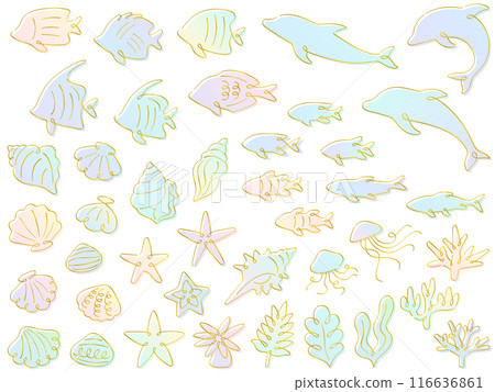 Calligraphic gold line art and colorful gradient ocean illustration set 116636861