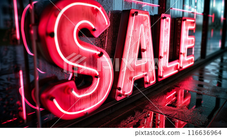 Bright red neon sign promoting a major sales event with irresistible discounts, drawing in shoppers to the store Bright red neon sign promoting a major sales event with irresistible discounts, drawing in shoppers to the store 116636964