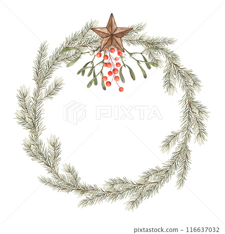 Fir branch, five-pointed star, red berries, mistletoe. Watercolor botanical wreath on isolated background. Drawings for Christmas and New Year holidays, invitations, cards, wrapping paper, decorations 116637032