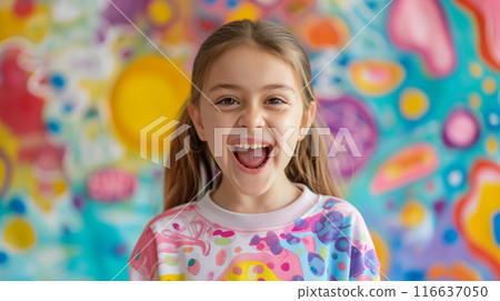 Young girl is exuding happiness and enthusiasm, laughing with her mouth wide open, set against a backdrop of colorful and abstract art 116637050