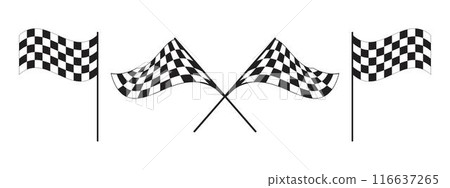 One single and two crossed race flags with checkered black and white pattern. Start or finish symbols on sport car competitions. Rally or motocross props. Vector graphic illustration 116637265