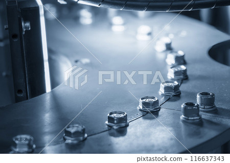 The operation of optical inspection machine in the light blue scene with nuts parts. 116637343