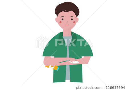 Man applying sunscreen. Sun protection. Sun cream. Summer skin care. Vector illustration Man applying sunscreen. Sun protection. Sun cream. Summer skin care. Vector illustration 116637394