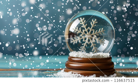A snow globe featuring a glittery snowflake, falling snow and soft bokeh lights 116637515