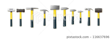 Hammer and sledgehammers with rubber and wooden handles. carpenter industry concept. Vector Hammer and sledgehammers with rubber and wooden handles. carpenter industry concept. Vector 116637696